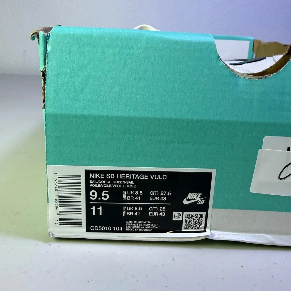 Nike SB Heritage Vulc Skate Shoes Sail Gorge Green Mens 9.5 Womens 11 CD5010-104